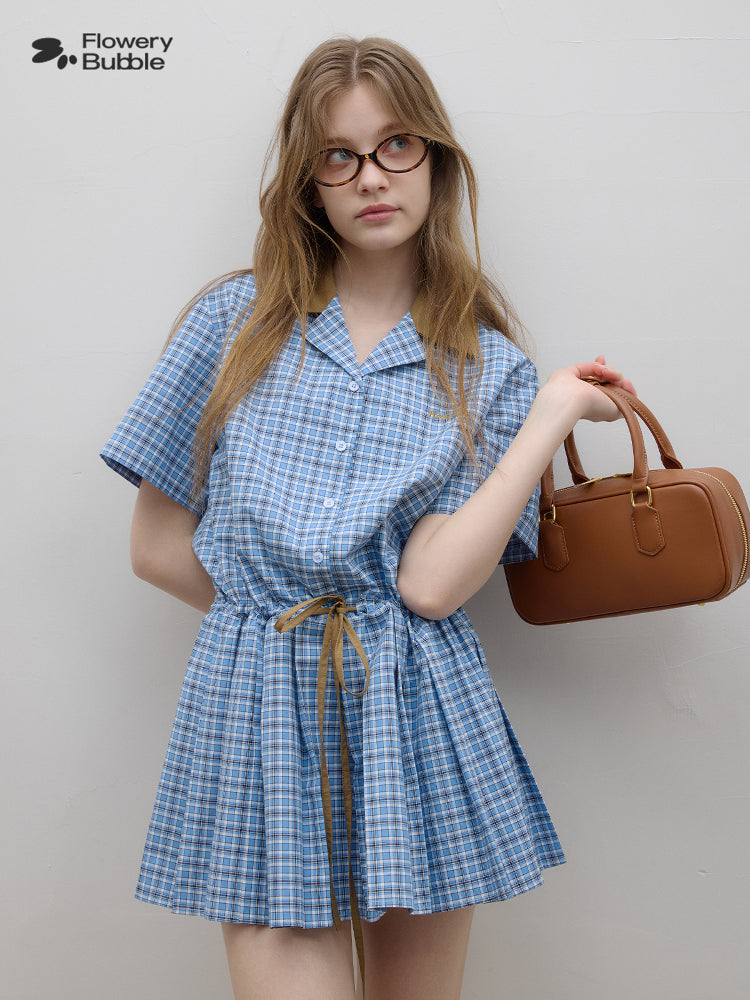 Pleated Shirt Dress With Contrast Colored Waist Tie