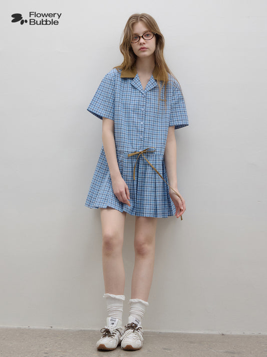 Pleated Shirt Dress With Contrast Colored Waist Tie