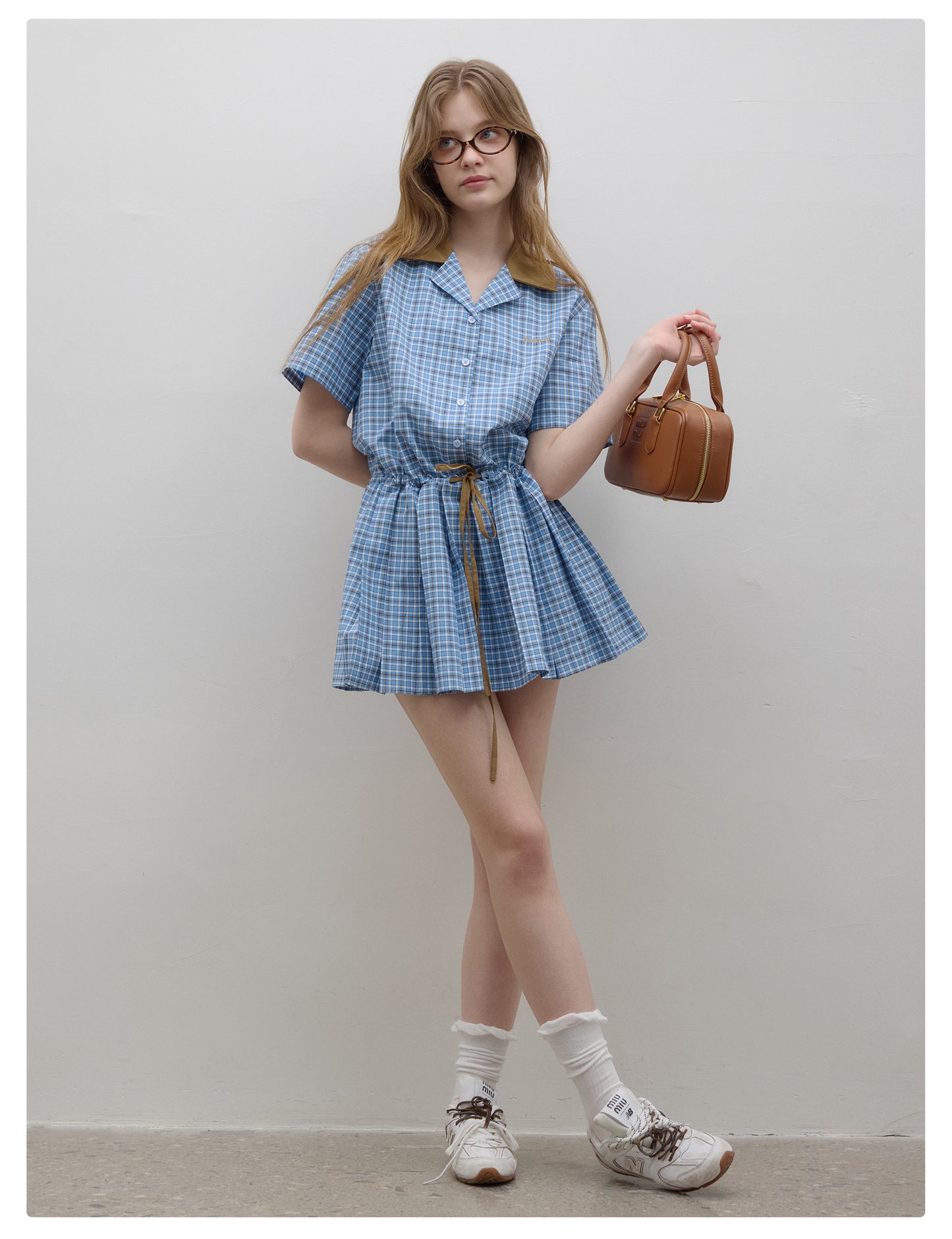 Pleated Shirt Dress With Contrast Colored Waist Tie