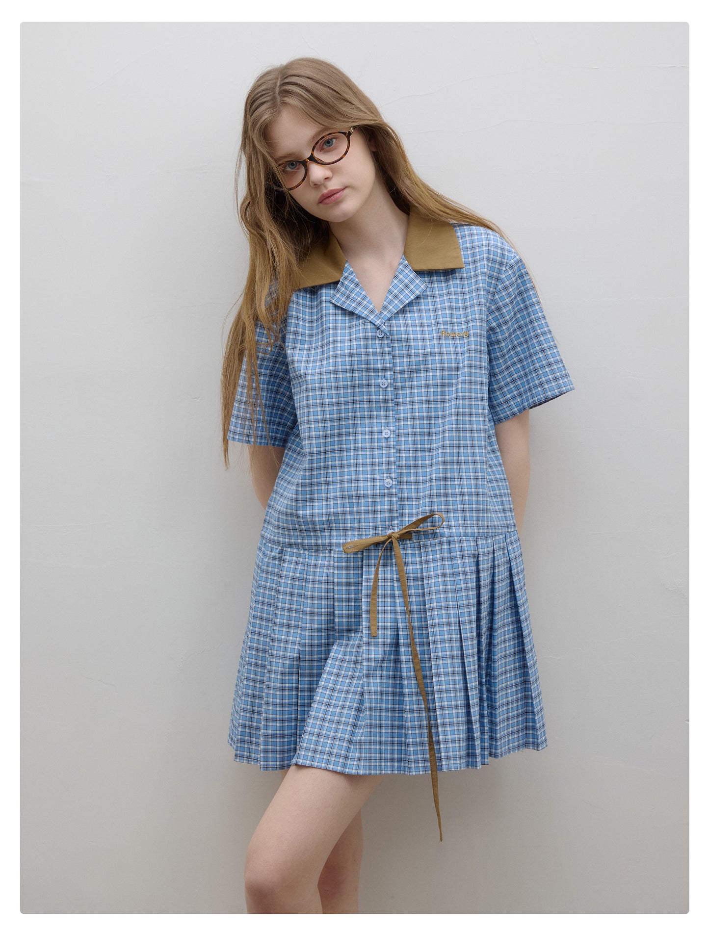 Pleated Shirt Dress With Contrast Colored Waist Tie