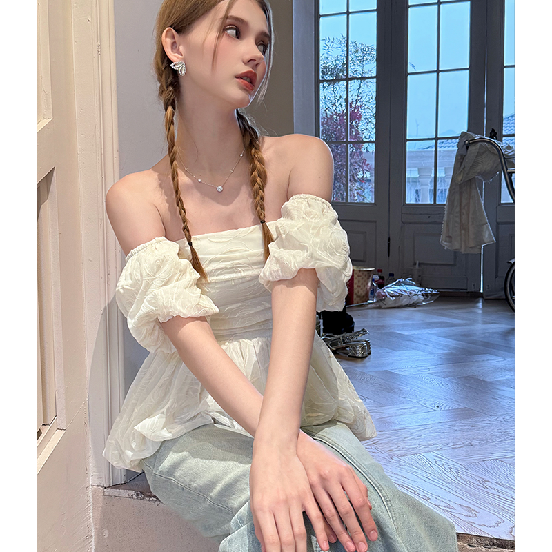 Off Shoulder Bubble Hem Ruched Top