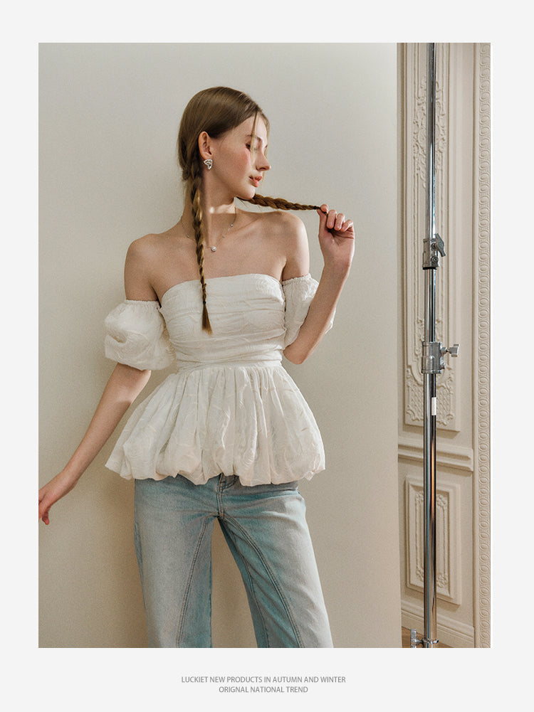 Off Shoulder Bubble Hem Ruched Top