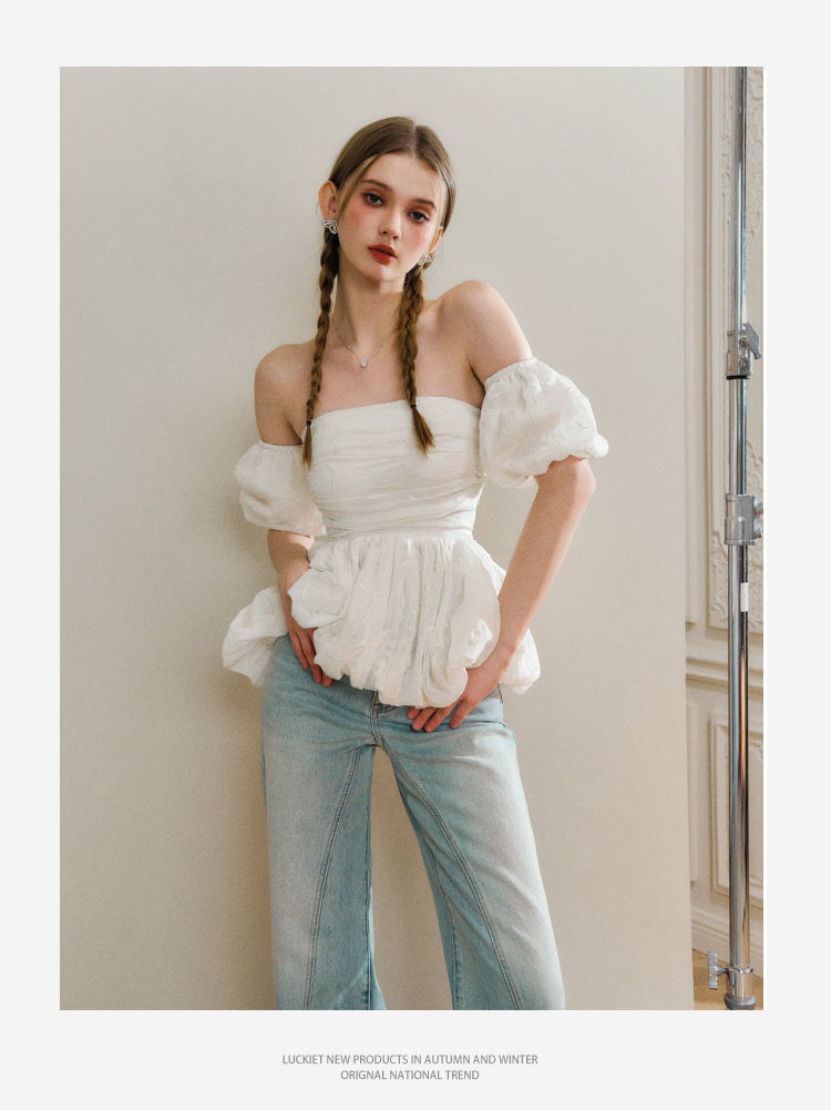 Off Shoulder Bubble Hem Ruched Top