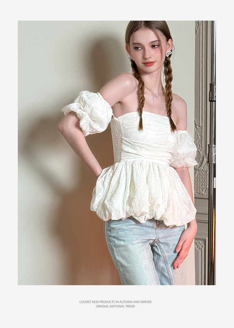 Off Shoulder Bubble Hem Ruched Top