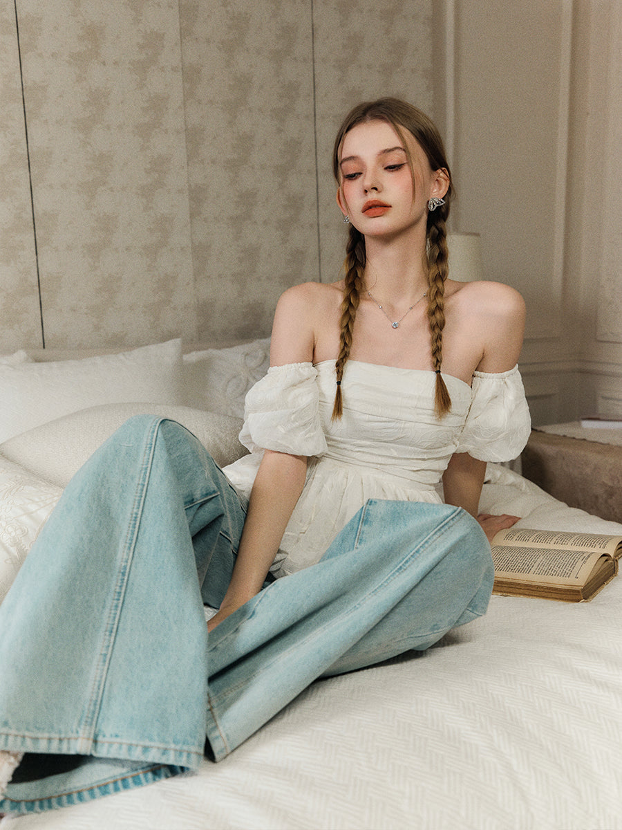 Off Shoulder Bubble Hem Ruched Top