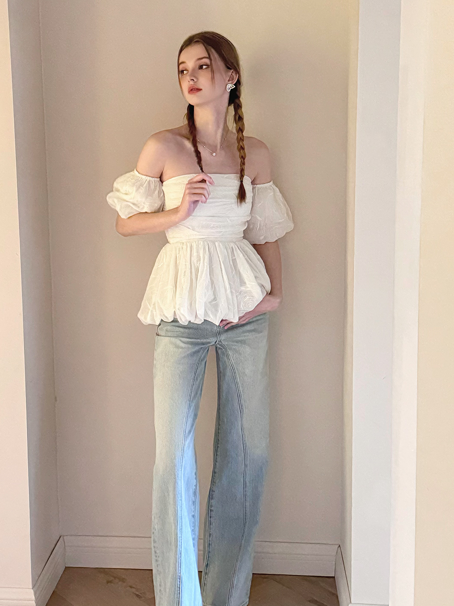 Off Shoulder Bubble Hem Ruched Top