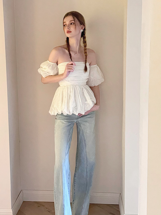 Off Shoulder Bubble Hem Ruched Top