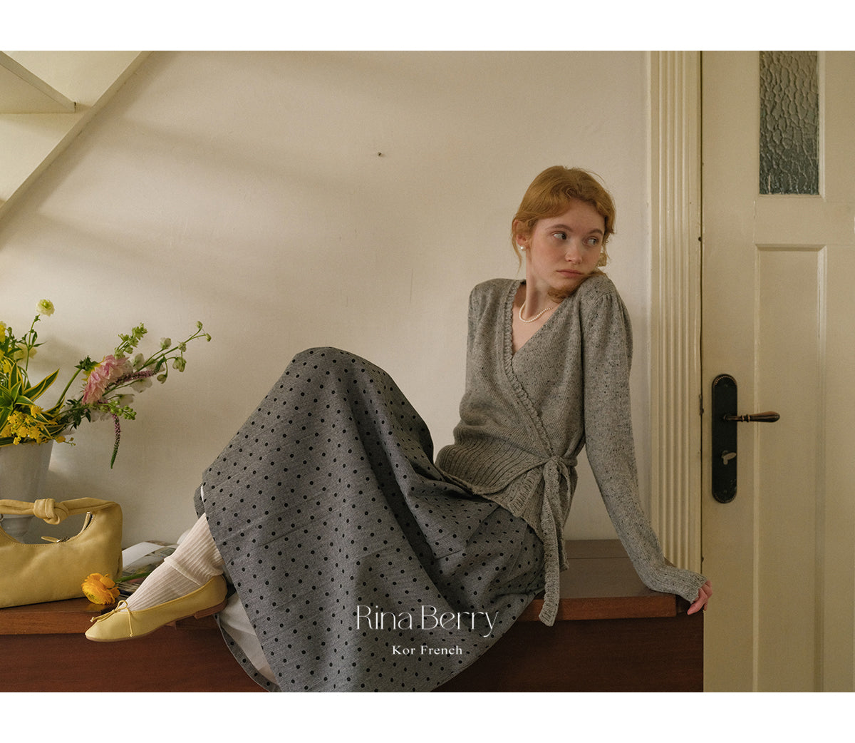 Melange Knit Wrap Top & Pleated Dot Skirt