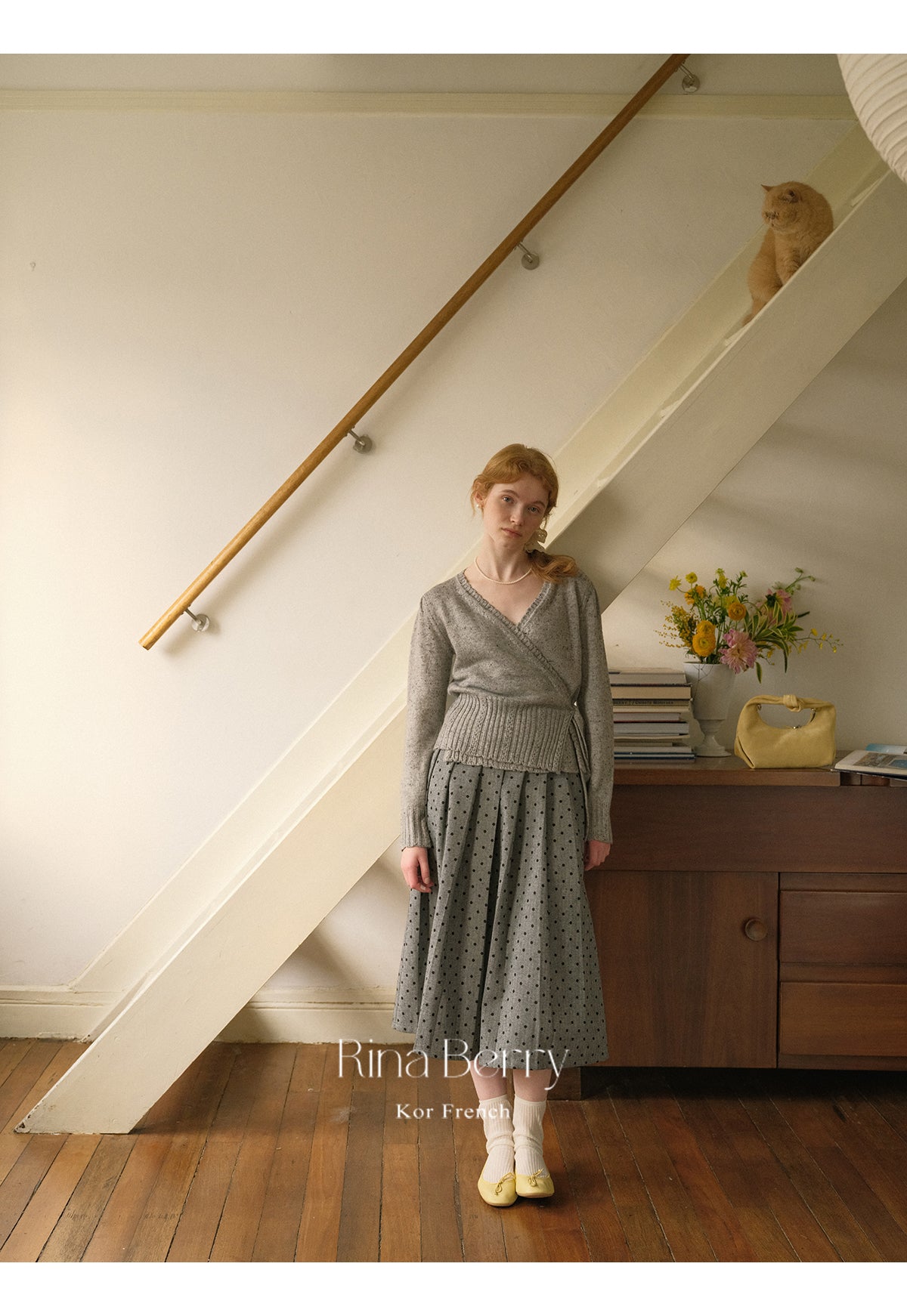 Melange Knit Wrap Top & Pleated Dot Skirt