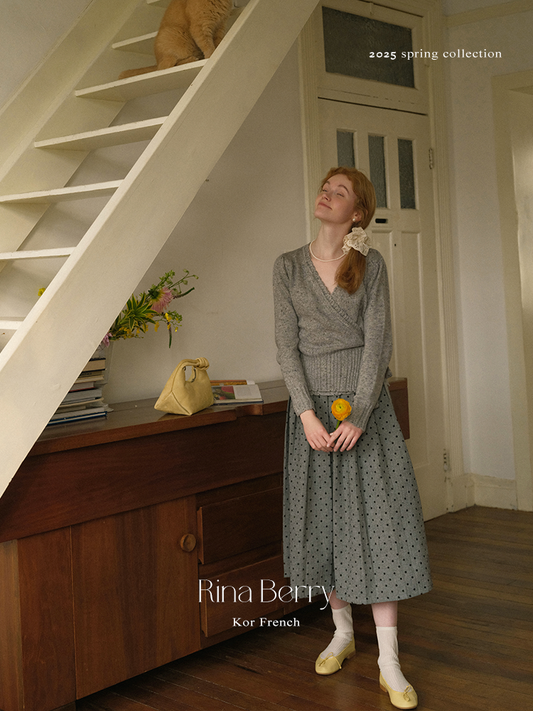 Melange Knit Wrap Top & Pleated Dot Skirt