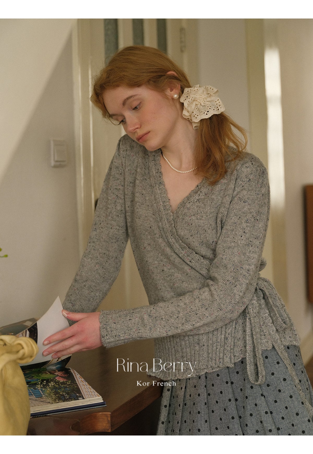 Melange Knit Wrap Top & Pleated Dot Skirt