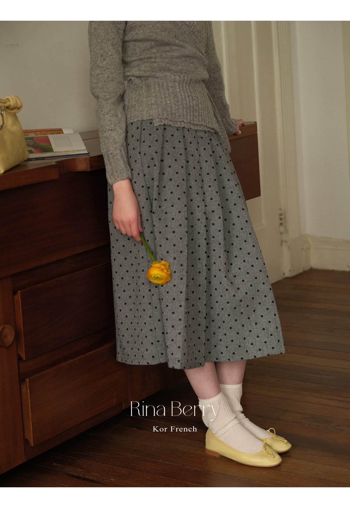 Melange Knit Wrap Top & Pleated Dot Skirt