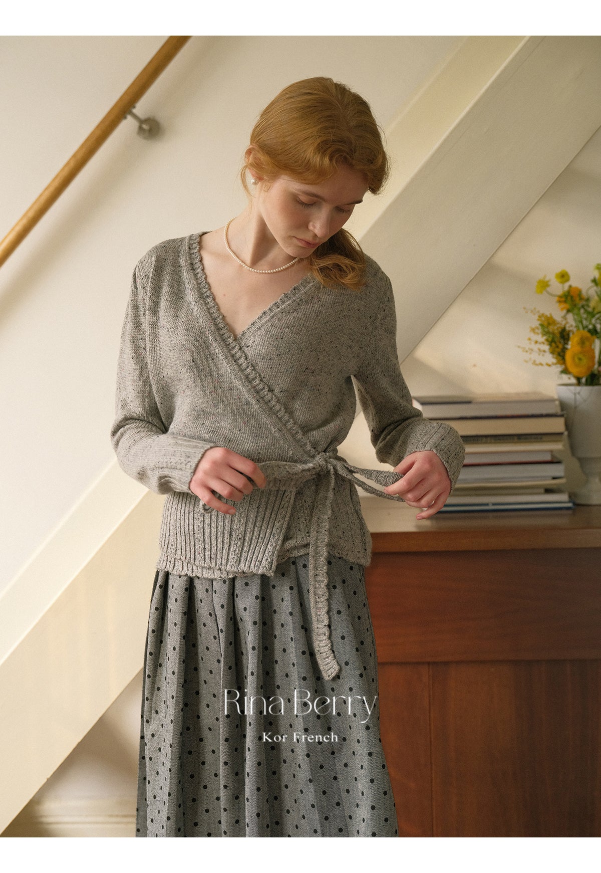 Melange Knit Wrap Top & Pleated Dot Skirt