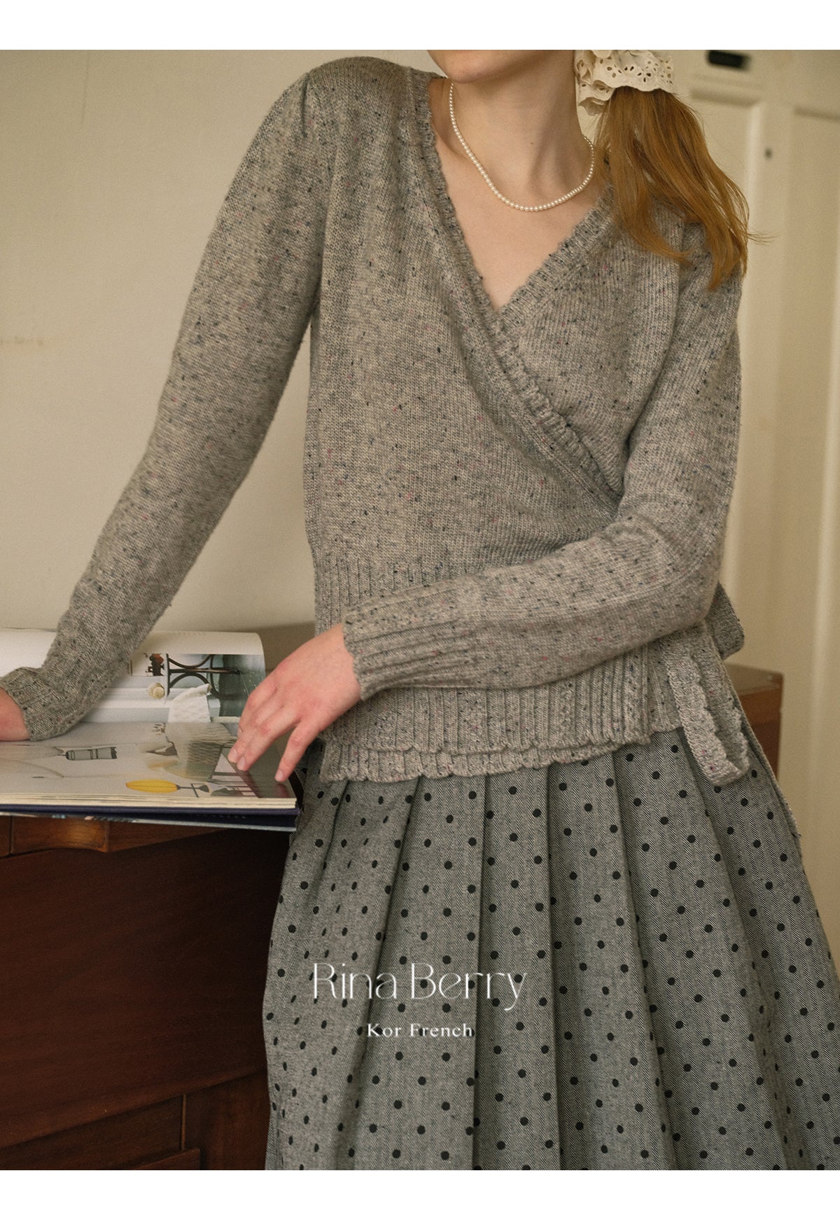 Melange Knit Wrap Top & Pleated Dot Skirt