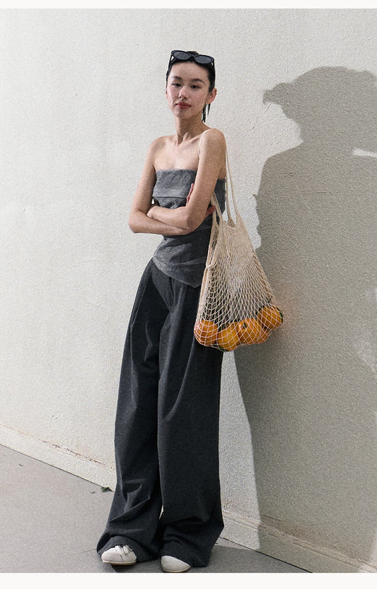 Organza Tube Top And Laced Waist Wide-Leg Pants