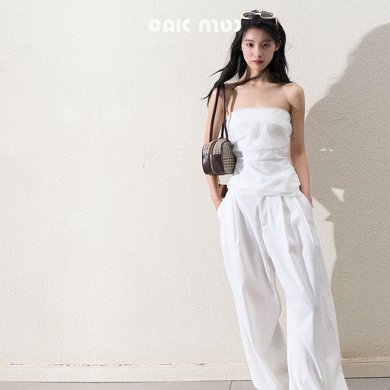 Organza Tube Top And Laced Waist Wide-Leg Pants