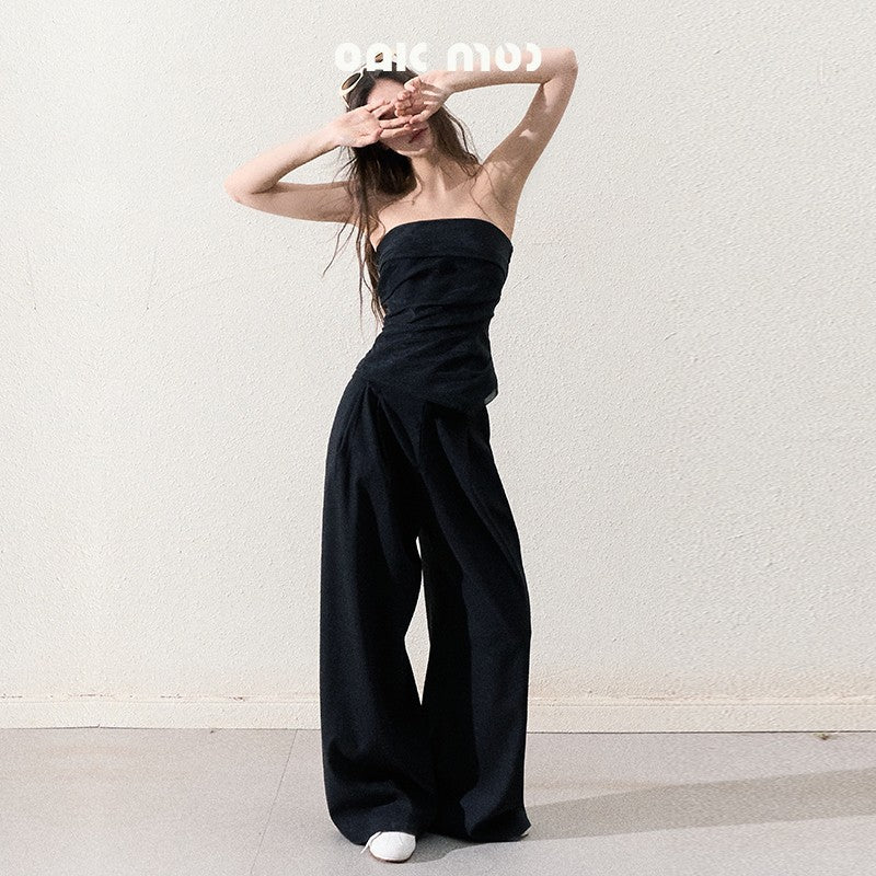 Organza Tube Top And Laced Waist Wide-Leg Pants