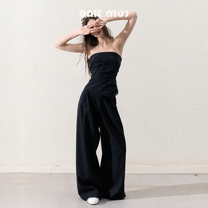 Organza Tube Top And Laced Waist Wide-Leg Pants