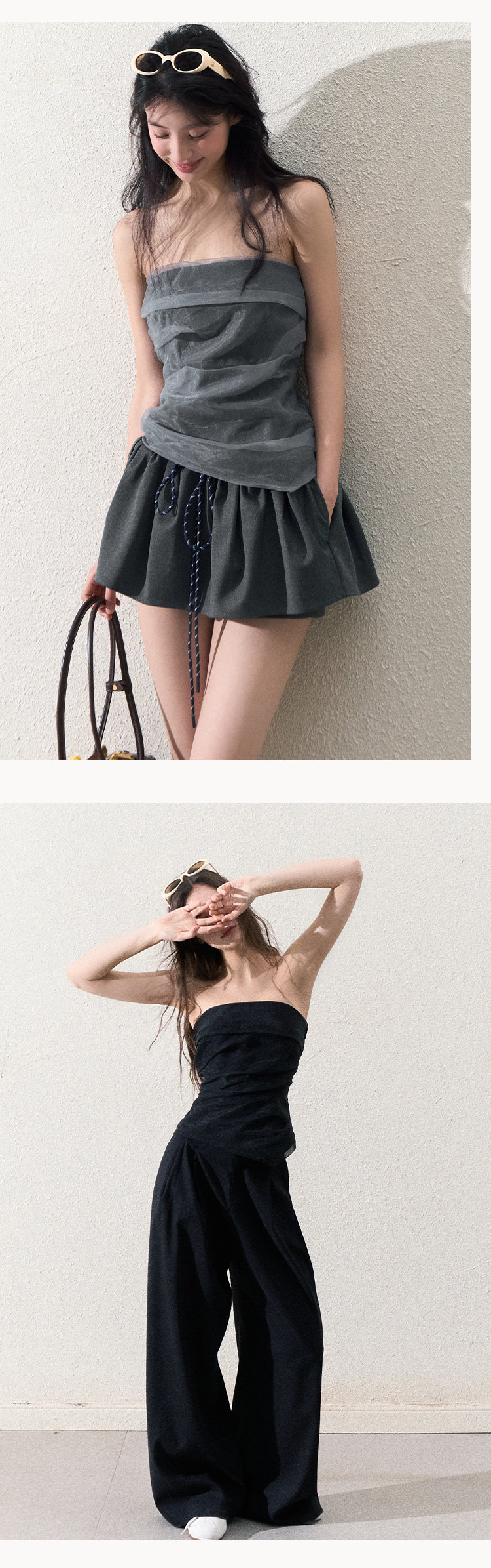 Organza Tube Top And Laced Waist Wide-Leg Pants