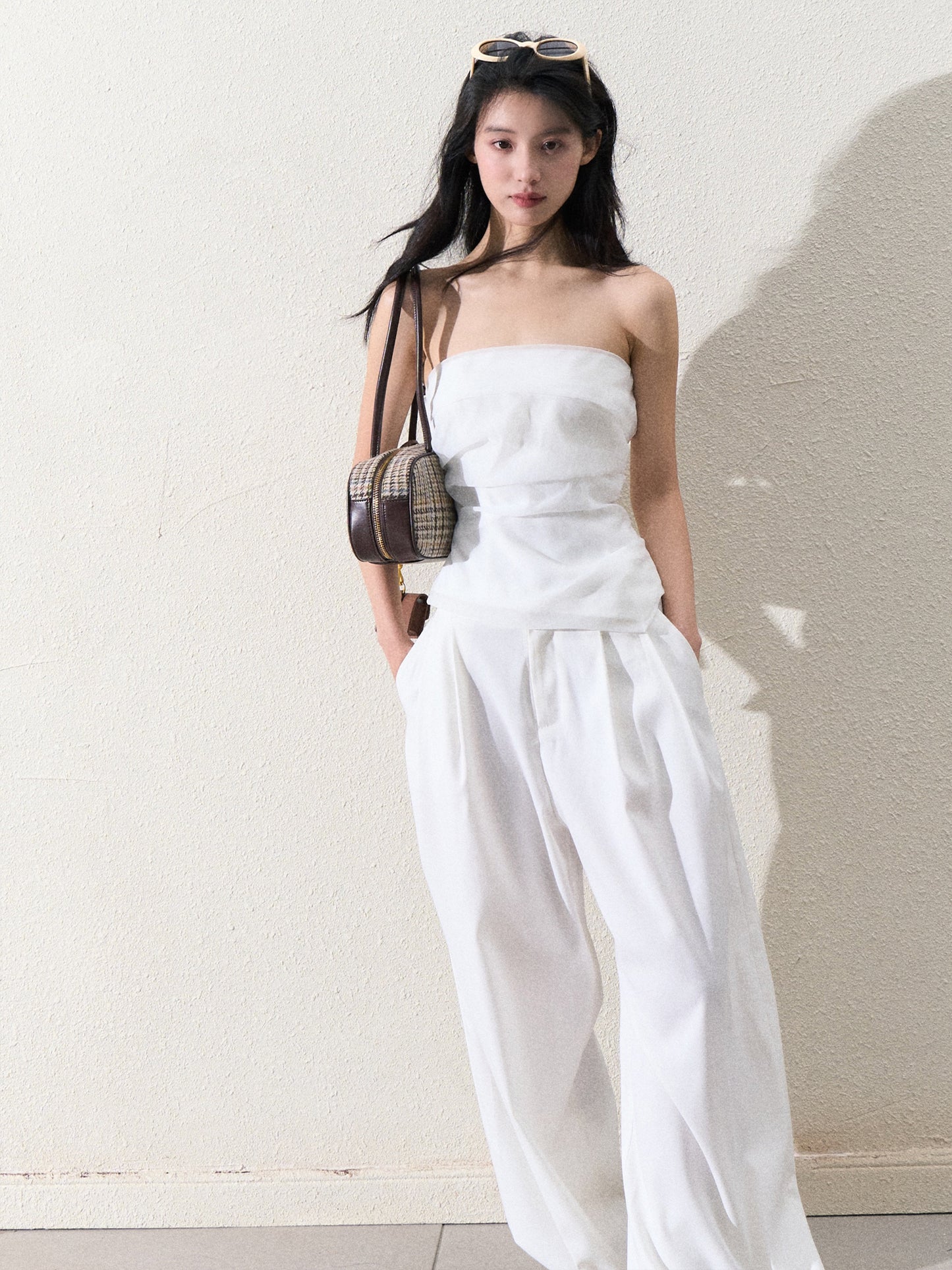 Organza Tube Top And Laced Waist Wide-Leg Pants