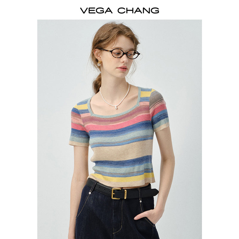 Rainbow Striped Ribbed T-Shirt With Square Collar