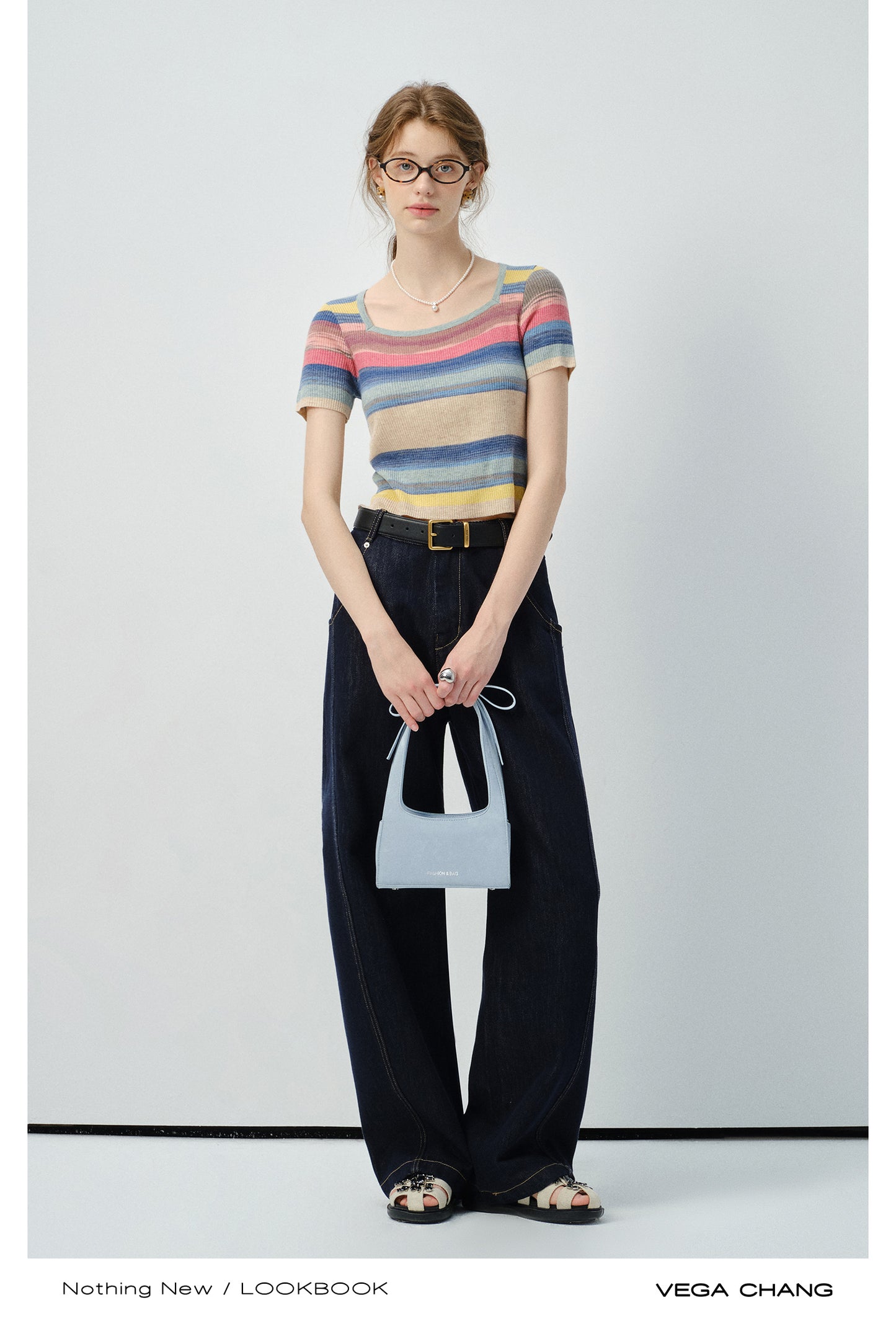 Rainbow Striped Ribbed T-Shirt With Square Collar