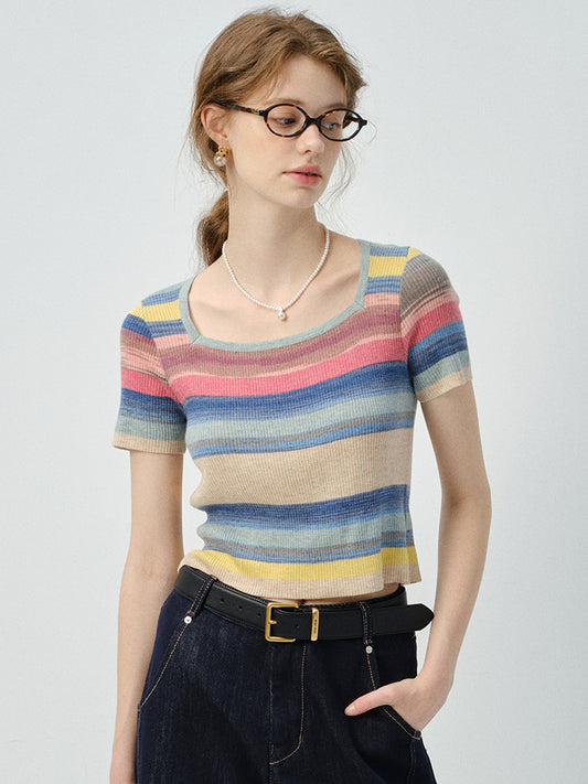 Rainbow Striped Ribbed T-Shirt With Square Collar