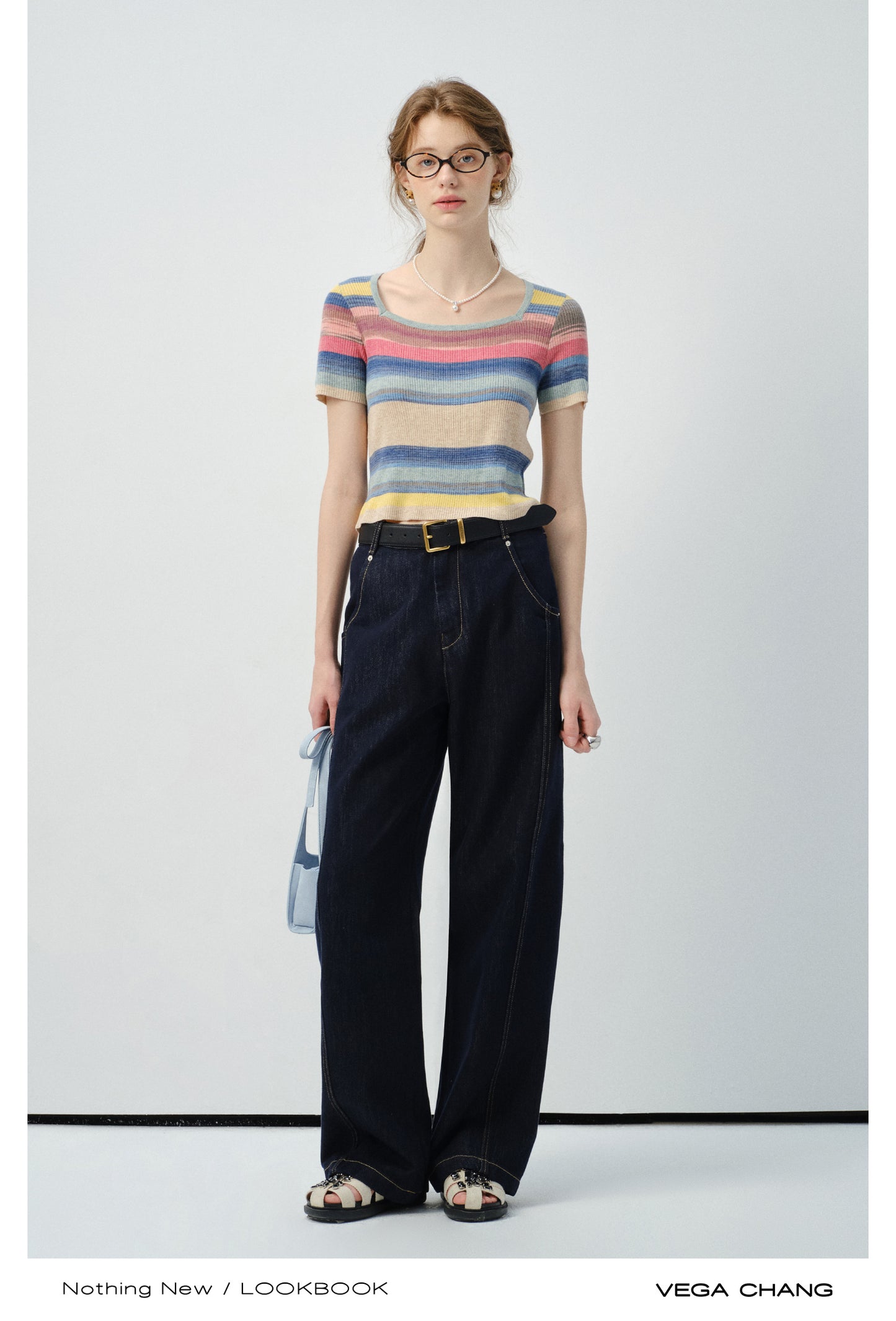 Rainbow Striped Ribbed T-Shirt With Square Collar