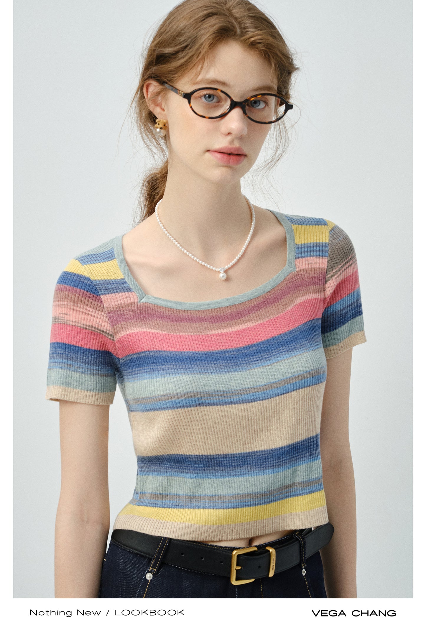 Rainbow Striped Ribbed T-Shirt With Square Collar