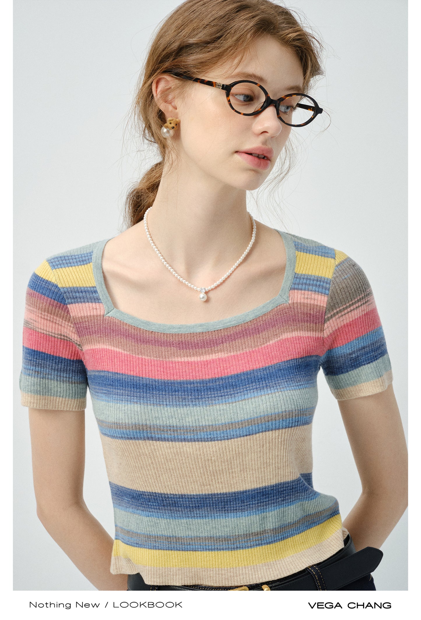 Rainbow Striped Ribbed T-Shirt With Square Collar