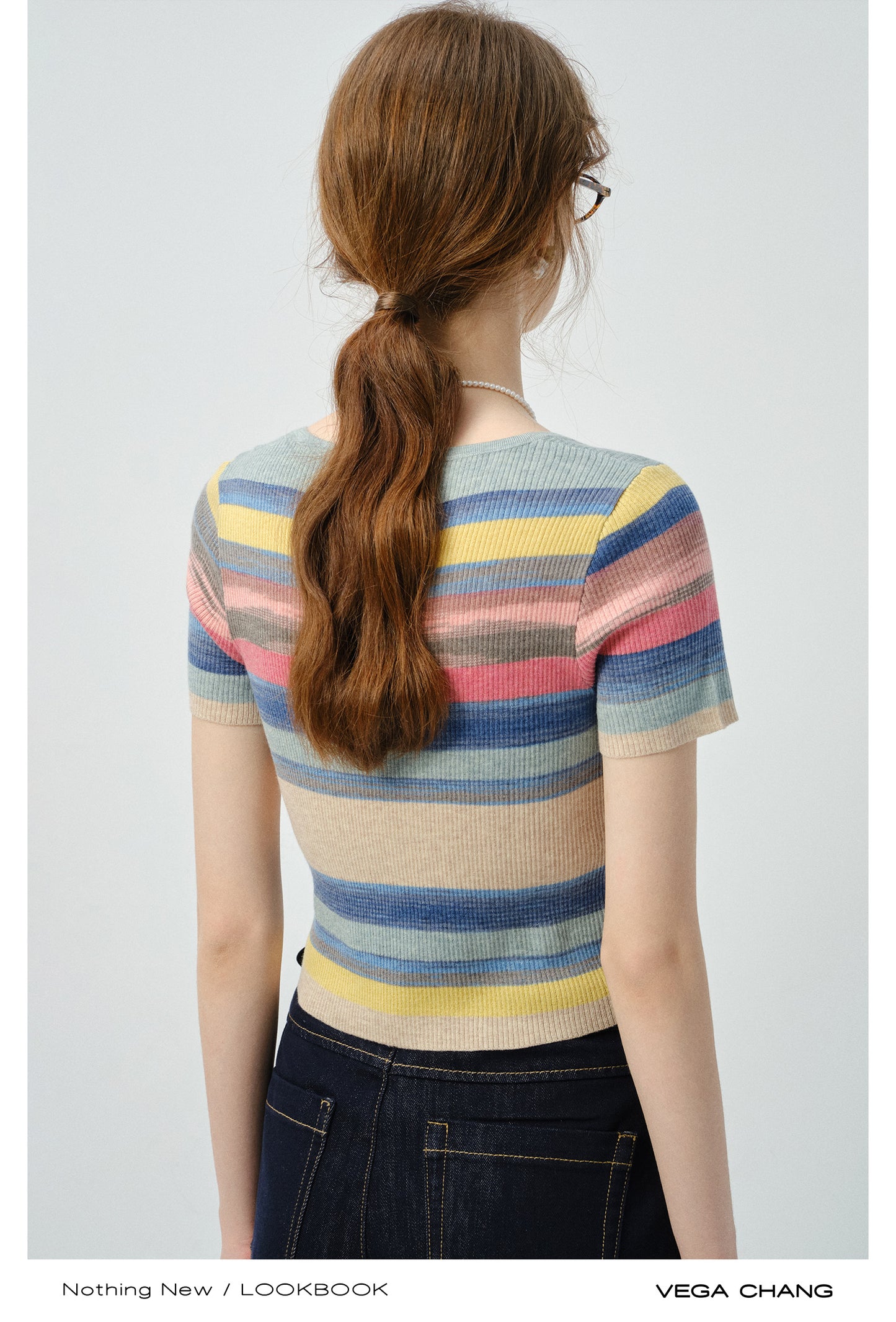 Rainbow Striped Ribbed T-Shirt With Square Collar