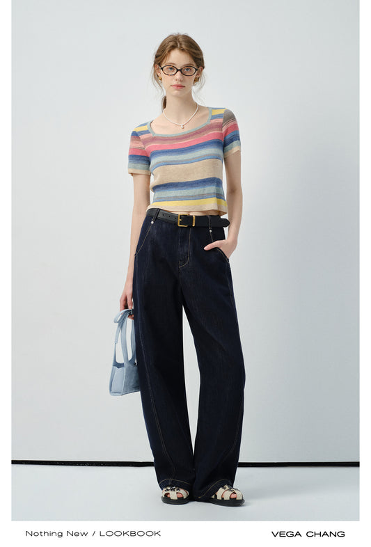 Rainbow Striped Ribbed T-Shirt With Square Collar