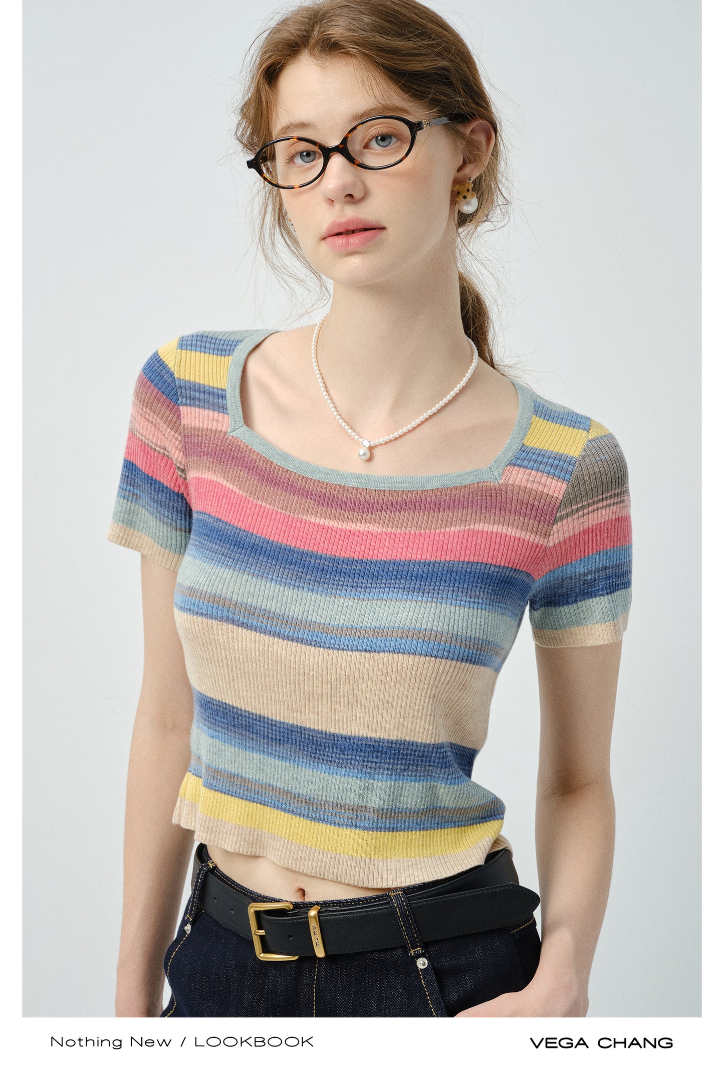 Rainbow Striped Ribbed T-Shirt With Square Collar