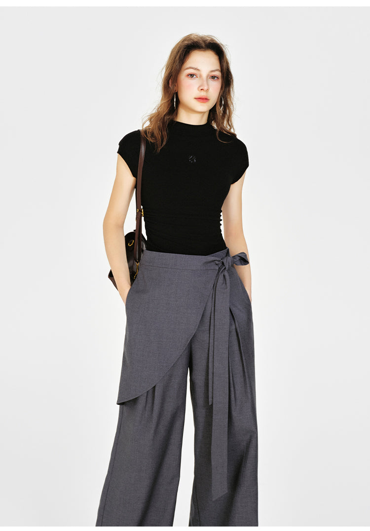 Embroidered Mock Neck Cap-Sleeve T-Shirt