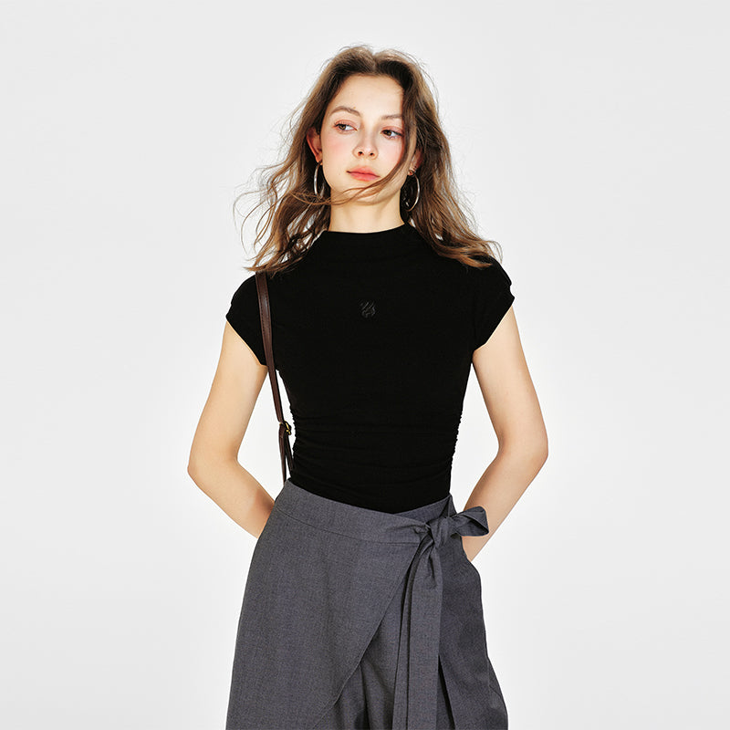 Embroidered Mock Neck Cap-Sleeve T-Shirt