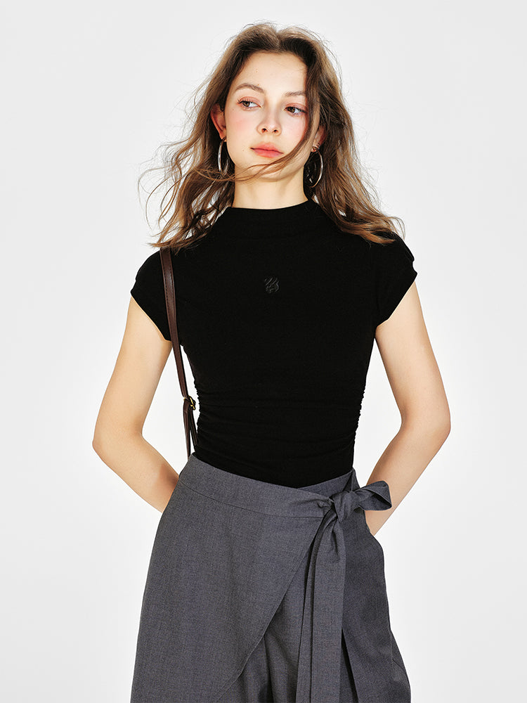 Embroidered Mock Neck Cap-Sleeve T-Shirt