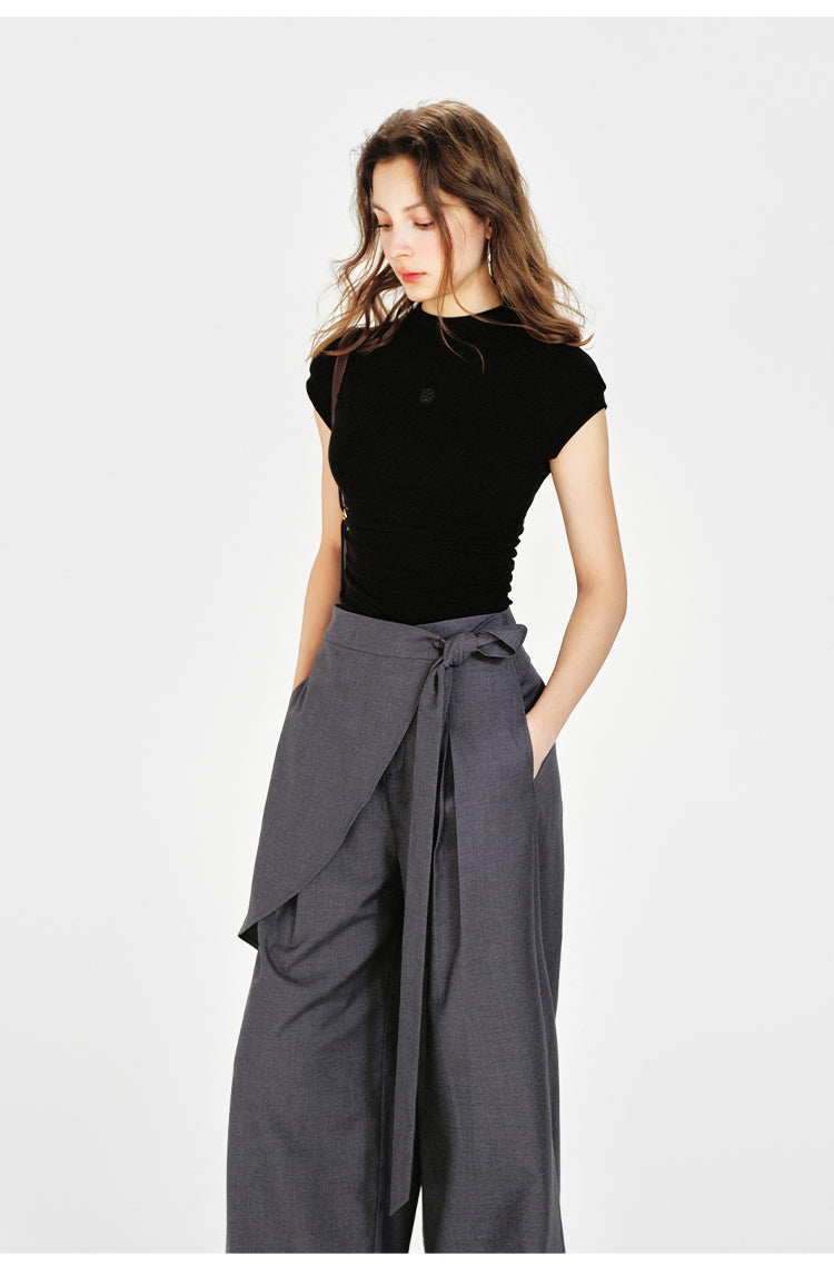 Embroidered Mock Neck Cap-Sleeve T-Shirt