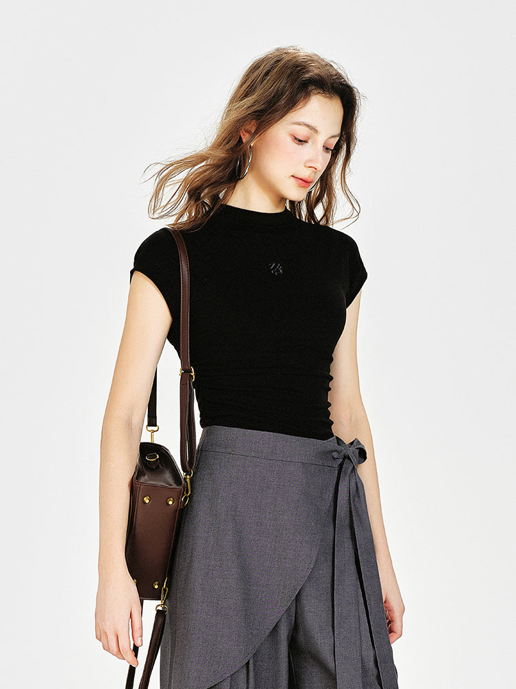 Embroidered Mock Neck Cap-Sleeve T-Shirt