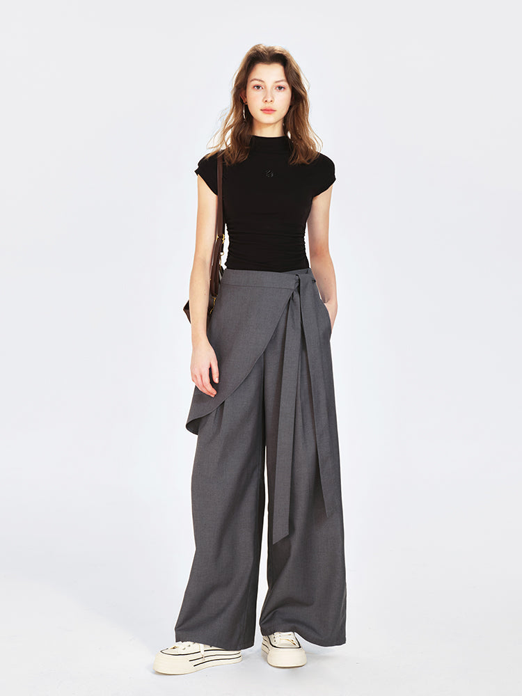 Embroidered Mock Neck Cap-Sleeve T-Shirt