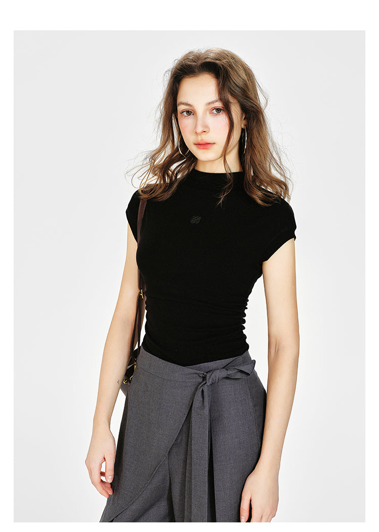 Embroidered Mock Neck Cap-Sleeve T-Shirt