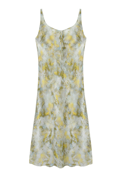 Smudged Print Dress With Twisted Straps