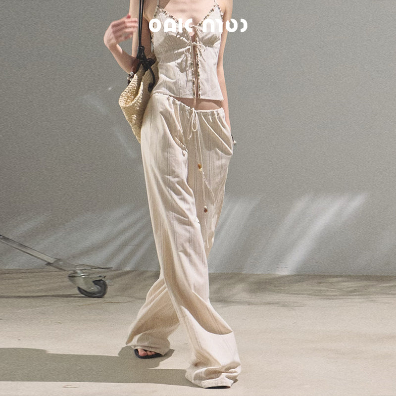 Beaded Tie-Front Striped Halter Top And Matching Pants