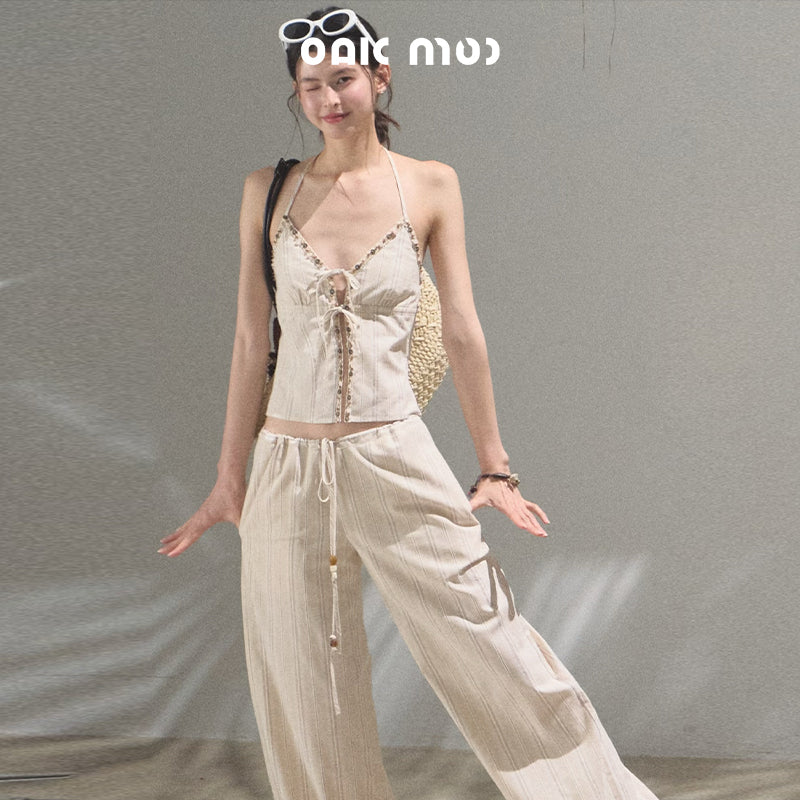 Beaded Tie-Front Striped Halter Top And Matching Pants