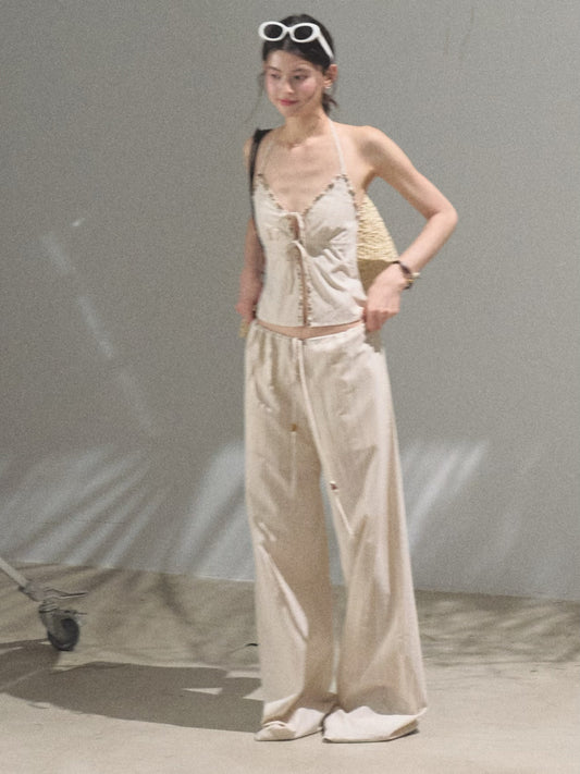 Beaded Tie-Front Striped Halter Top And Matching Pants