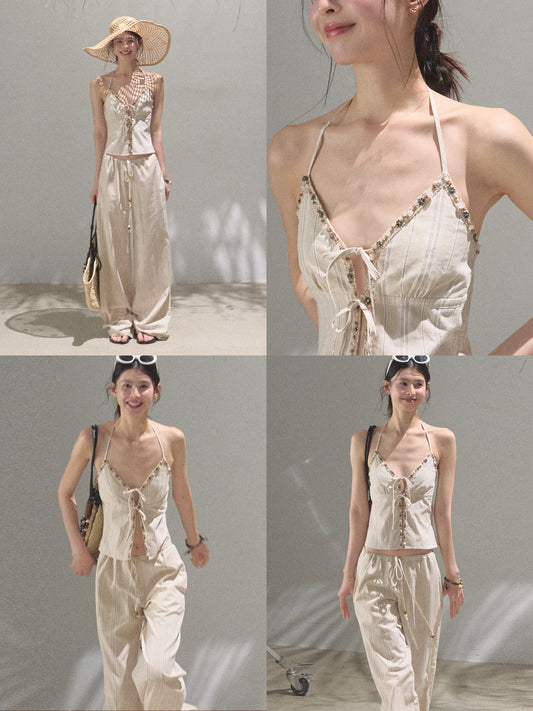 Beaded Tie-Front Striped Halter Top And Matching Pants