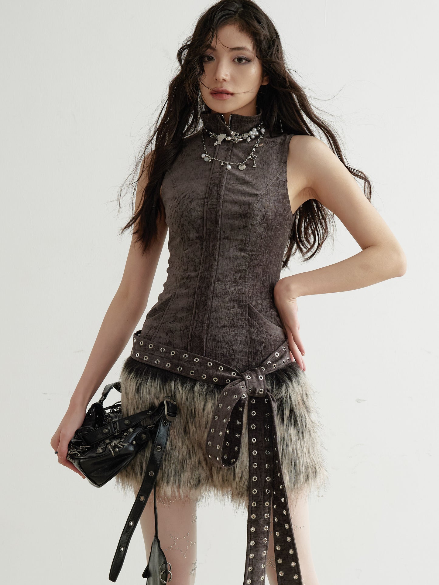 Sleeveless Zip-Up Belted Dress With Fur Skirt Hem