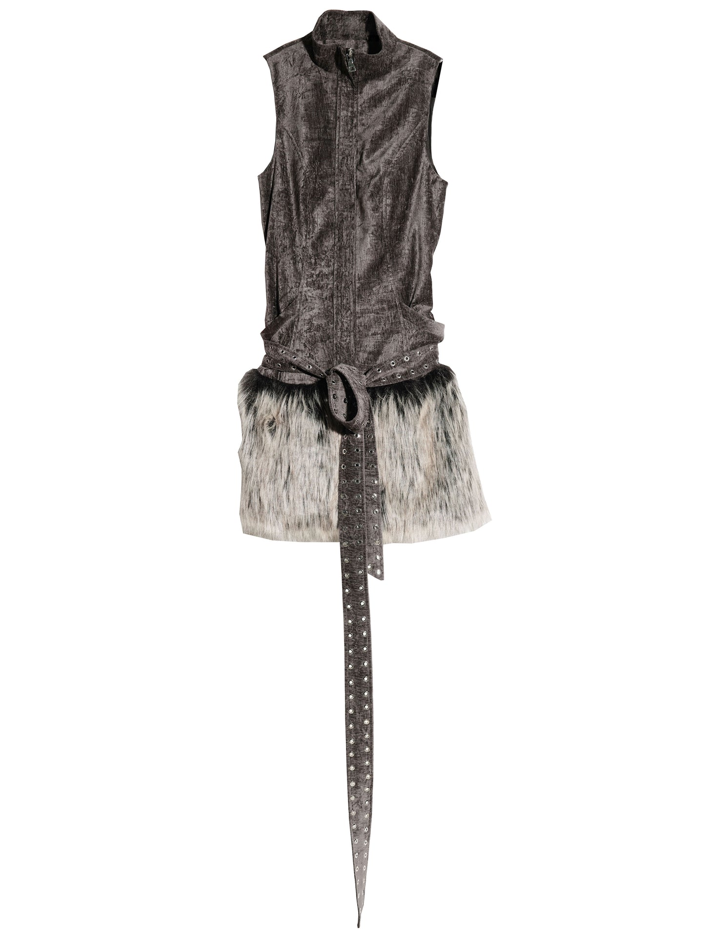 Sleeveless Zip-Up Belted Dress With Fur Skirt Hem
