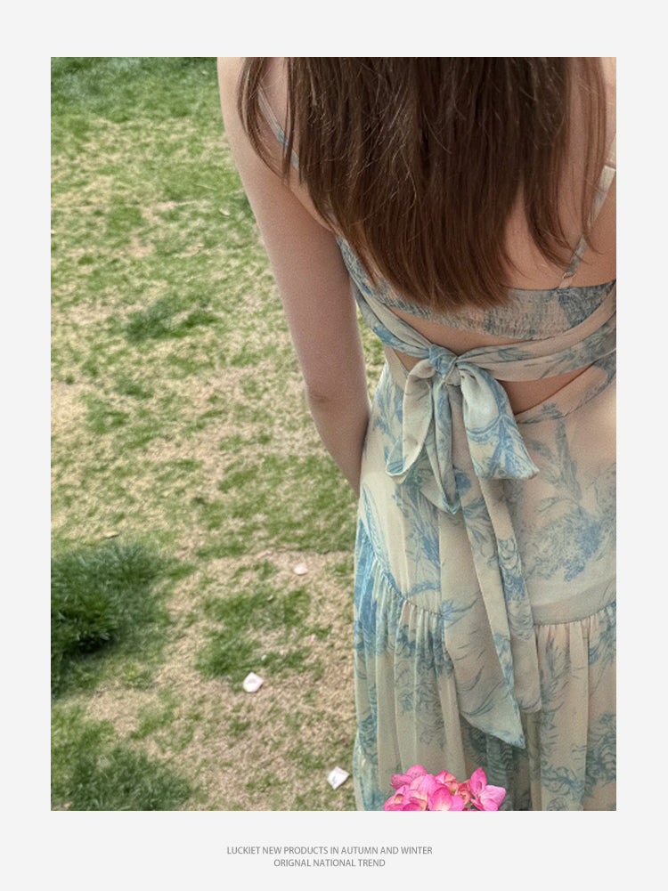 Floral Ruched Maxi Dress With Back Tie