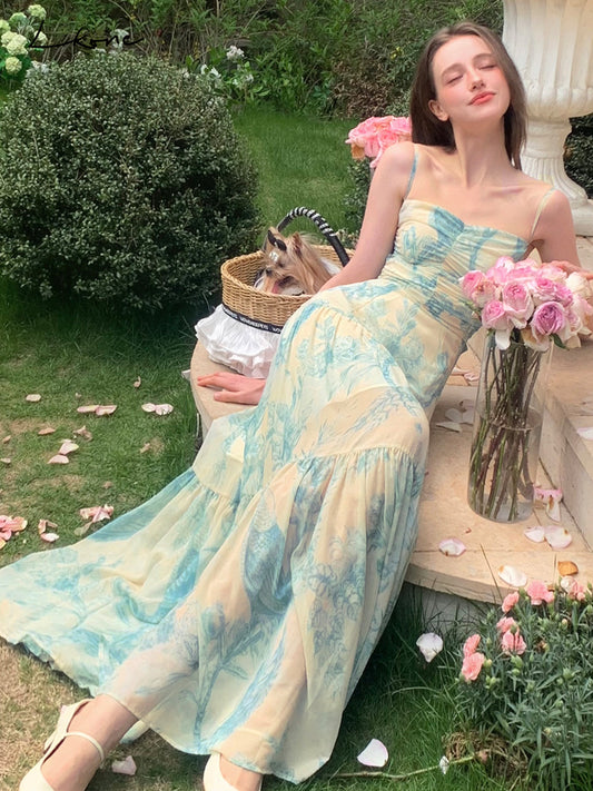 Floral Ruched Maxi Dress With Back Tie