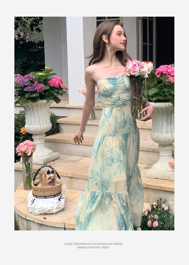 Floral Ruched Maxi Dress With Back Tie